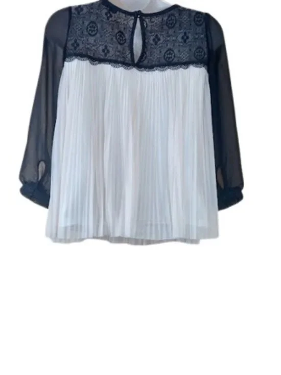 River Island Womens Crinkle Pleat Blouse Black Cream Crochet Lace Jeweled US 2 - Picture 3 of 3